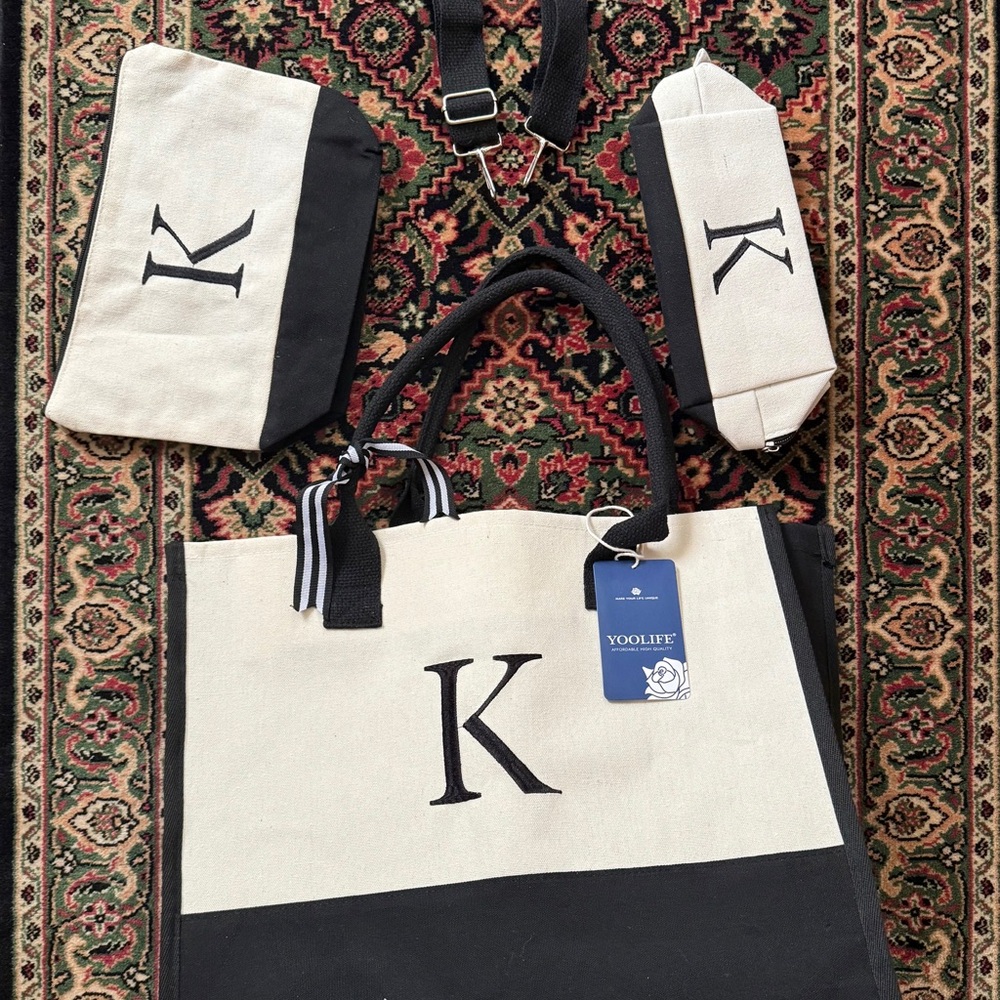 Cream & Black tote bag- “K” embroidered on all 3 pieces (NEVER used)